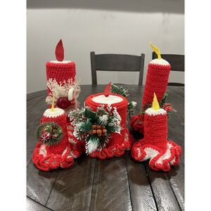 Vintage Crochet Christmas CANDLES Handmade Plastic Decor SET OF 5 RED‎